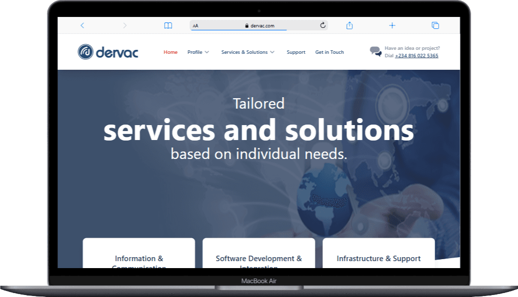Homepage preview for the Dervac website